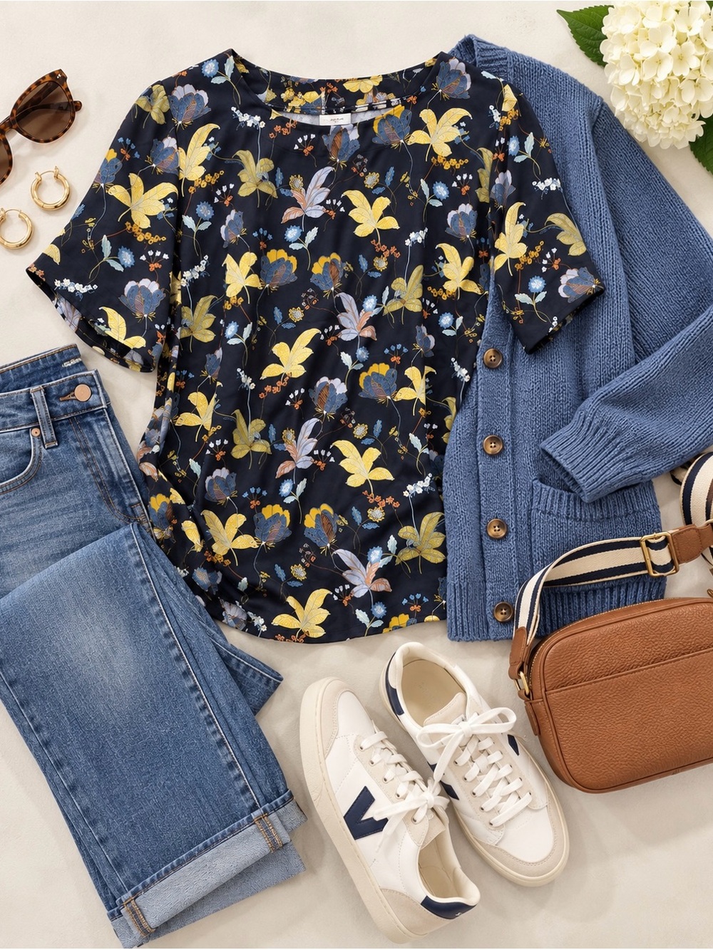 LOFT Floral Short Sleeve Tee in Navy and Yellow